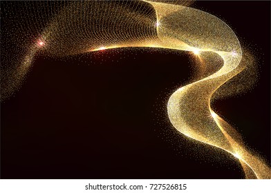 Abstract Gold Waves Design. Shiny golden moving strips design element with glitter effect on dark background for Business card. Vector Illustration
