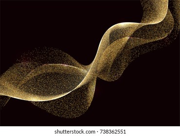 Abstraktes Gold Waves Design. Glanz goldfarbenes, sich bewegendes, funkelndes Design-Element mit glitzernem Effekt auf dunklem Hintergrund für Visitenkarte. Vektorgrafik