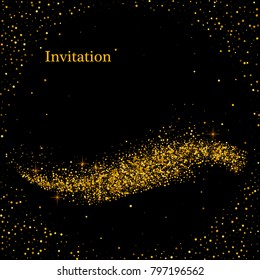 Abstract Gold Waves Design. Shiny golden moving lines design element with glitter effect on dark background for Business card. Vector Illustration