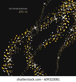 Abstract Gold Waves of glittering dust and sparkling particles on black background. Vector illustration.