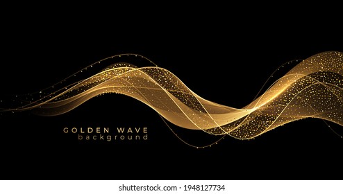 Abstract Gold Waves. Shiny golden moving lines design element with glitter effect on dark background for greeting card and disqount voucher.