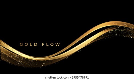 Abstract Gold Waves. Shiny golden moving lines design element with glitter effect on dark background for greeting card and disqount voucher.