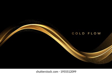 Abstract Gold Waves. Shiny golden moving lines design element with glitter effect on dark background for greeting card and disqount voucher.