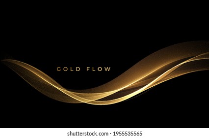 Abstract Gold Waves. Shiny golden moving lines design element with glitter effect on dark background for greeting card and disqount voucher.