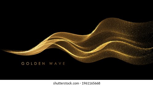 Abstract Gold Waves. Shiny golden moving lines design element with glitter effect on dark background for greeting card and disqount voucher.