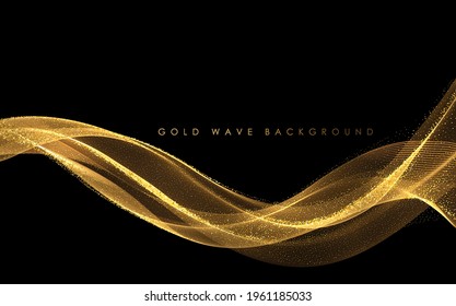 Abstract Gold Waves. Shiny golden moving lines design element with glitter effect on dark background for greeting card and disqount voucher.