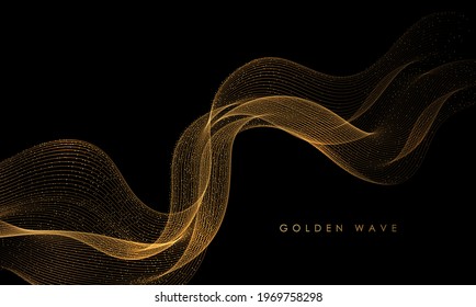 Abstract Gold Waves. Shiny golden moving lines design element with glitter effect on dark background for greeting card and disqount voucher.
