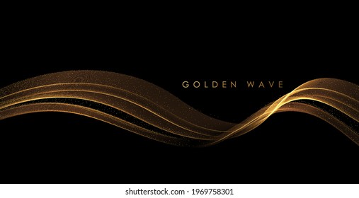 Abstract Gold Waves. Shiny golden moving lines design element with glitter effect on dark background for greeting card and disqount voucher.