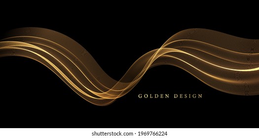 Abstract Gold Waves. Shiny golden moving lines design element on dark background for greeting card and disqount voucher.