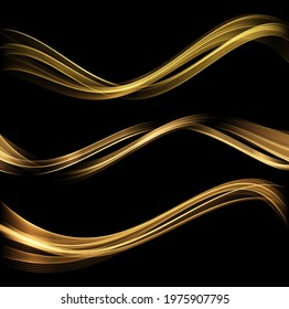 Abstract Gold Waves. Shiny golden moving lines design element with glitter effect on dark background for greeting card and disqount voucher.