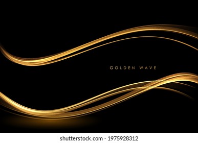 Abstract Gold Waves. Shiny golden moving lines design element with glitter effect on dark background for greeting card and disqount voucher.