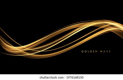 Abstract Gold Waves. Shiny golden moving lines design element with glitter effect on dark background for greeting card and disqount voucher.