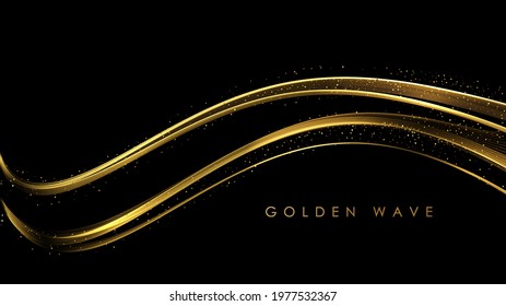 Abstract Gold Waves. Shiny golden moving lines design element with glitter effect on dark background for greeting card and disqount voucher.