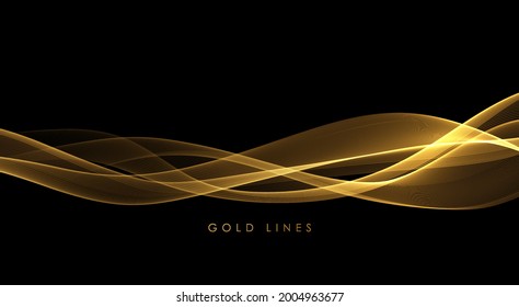 Abstract Gold Waves. Shiny golden moving lines design element on dark background for greeting card and disqount voucher.