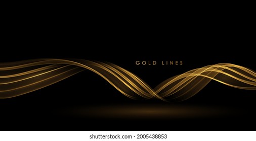 Olas de oro abstractas. Luminoso elemento de diseño de líneas móviles doradas sobre fondo oscuro para tarjeta de saludo y cupón de descuento.