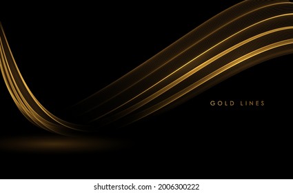 Olas de oro abstractas. Luminoso elemento de diseño de líneas móviles doradas sobre fondo oscuro para tarjeta de saludo y cupón de descuento.