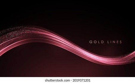 Abstract Gold Waves. Shiny golden moving lines design element with glitter effect on dark background for greeting card and disqount voucher.