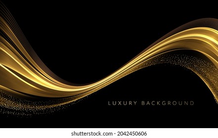 Abstract Gold Waves. Shiny golden moving lines design element with glitter effect on dark background for greeting card and disqount voucher.