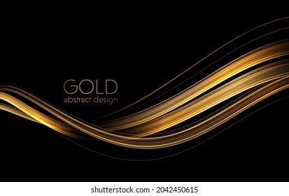 Abstract Gold Waves. Shiny golden moving lines design element with glitter effect on dark background for greeting card and disqount voucher.