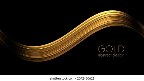 Abstract Gold Waves. Shiny golden moving lines design element with glitter effect on dark background for greeting card and disqount voucher.