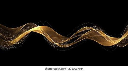 Abstract Gold Waves. Shiny golden moving lines design element with glitter effect on dark background for greeting card and disqount voucher.