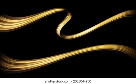 Abstract Gold Waves. Shiny golden moving lines design element on dark background for gift, greeting card and disqount voucher. Vector Illustration