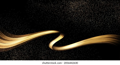 Olas de oro abstractas. Luminoso elemento de diseño de líneas móviles doradas con efecto brillante sobre el fondo oscuro para tarjeta de saludo y cupón de descuento.