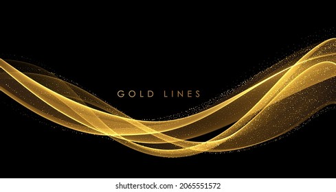 Abstract Gold Waves. Shiny golden moving lines design element with glitter effect on dark background for greeting card and disqount voucher.