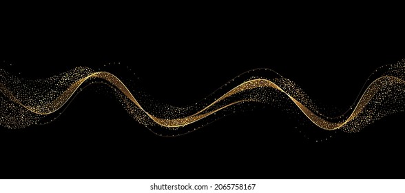 Abstract Gold Waves. Shiny golden moving lines design element with glitter effect on dark background for greeting card and disqount voucher.