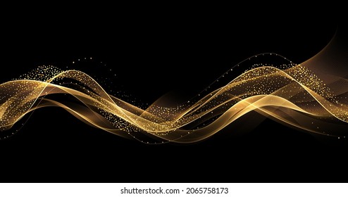 Abstract Gold Waves. Shiny golden moving lines design element with glitter effect on dark background for greeting card and disqount voucher.