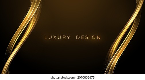 Olas de oro abstractas. Luminoso elemento de diseño de líneas móviles doradas con efecto brillante sobre el fondo oscuro para tarjeta de saludo y cupón de descuento.