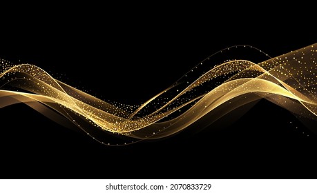 Abstract Gold Waves. Shiny golden moving lines design element with glitter effect on dark background for Christmas greeting card and disqount voucher.