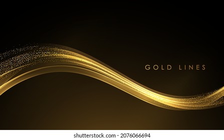 Abstract Gold Waves. Shiny golden moving lines design element with glitter effect on dark background for greeting card and disqount voucher.