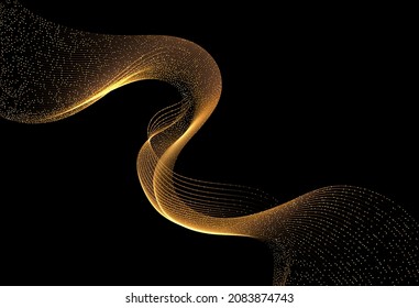Abstract Gold Waves. Shiny golden moving lines design element with glitter effect on dark background for greeting card and disqount voucher.