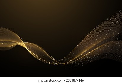 Abstract Gold Waves. Shiny golden moving lines design element with glitter effect on dark background for greeting card and disqount voucher.