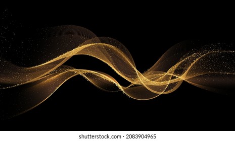 Abstract Gold Waves. Shiny golden moving lines design element with glitter effect on dark background for greeting card and disqount voucher.