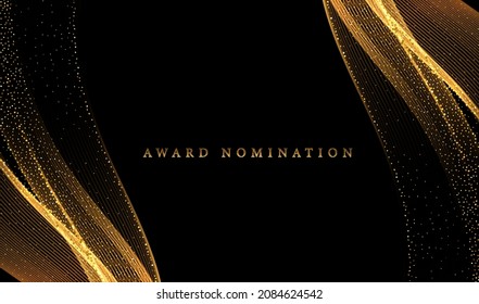 Abstract Gold Waves. Shiny golden moving lines design element with glitter effect on dark background for holiday greeting, Christmas card, wedding invitation and disqount voucher.