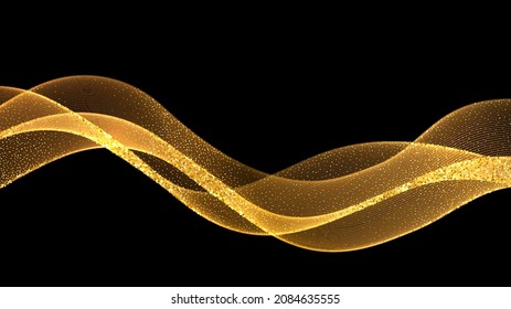 Abstract Gold Waves. Shiny golden moving lines design element with glitter effect on dark background for holiday greeting, Christmas card, wedding invitation and disqount voucher.