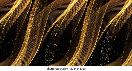 Olas de oro abstractas. Luminoso elemento de diseño de líneas móviles doradas con efecto brillante sobre el fondo oscuro para tarjeta de saludo y cupón de descuento.