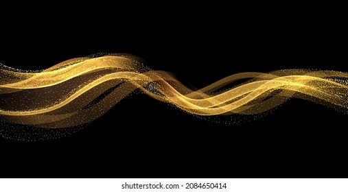 Abstract Gold Waves. Shiny golden moving lines design element with glitter effect on dark background for holiday greeting, Christmas card, wedding invitation  and disqount voucher.