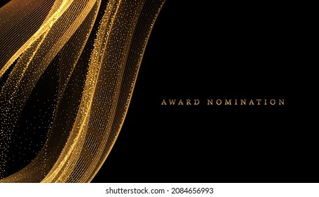 Abstract Gold Waves. Shiny golden moving lines design element with glitter effect on dark background for holiday greeting, Christmas card, wedding invitation and disqount voucher.