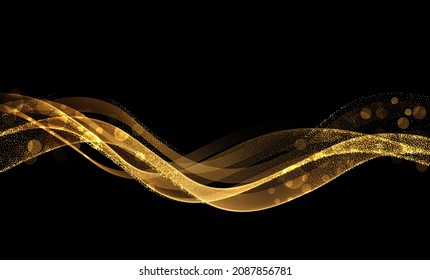 Abstract Gold Waves. Shiny golden moving lines design element with glitter effect on dark background for greeting card and disqount voucher.