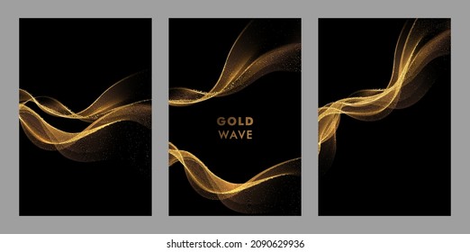 Olas de oro abstractas. Luminoso elemento de diseño de líneas móviles doradas con efecto brillante sobre el fondo oscuro para tarjeta de saludo y cupón de descuento.