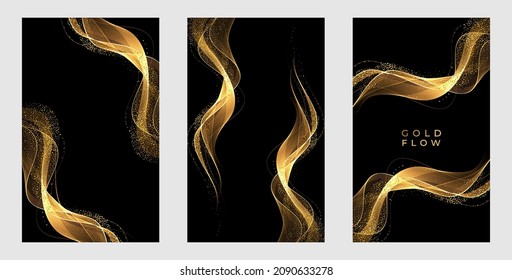 Abstract Gold Waves. Shiny golden moving lines design element with glitter effect on dark background for holiday greeting, Christmas card, wedding invitation disqount voucher.