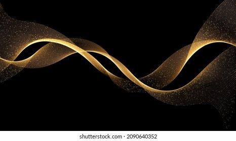 Abstract Gold Waves. Shiny golden moving lines design element with glitter effect on dark background for holiday greeting, Christmas card, wedding invitation and disqount voucher.