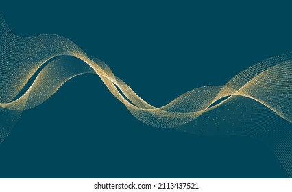 Abstract Gold Waves. Shiny golden moving lines design element with glitter effect on dark background for greeting card and disqount voucher.