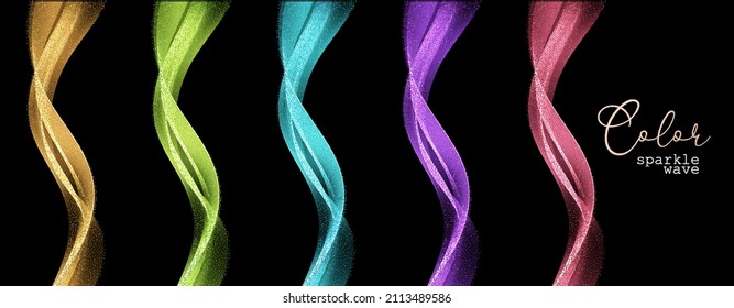 Abstract Gold Waves. Shiny golden moving lines design element with glitter effect on dark background for greeting card and disqount voucher.