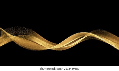 Abstract Gold Waves. Shiny golden moving lines design element with glitter effect on dark background for greeting card and disqount voucher.