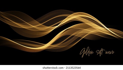 Abstract Gold Waves. Shiny golden moving lines design element with glitter effect on dark background for greeting card and disqount voucher.