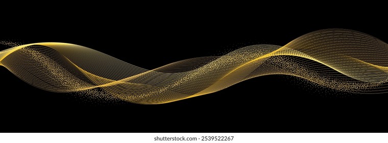 Abstract Gold Waves. Shiny golden lines and flowing dos paticles design element on black background for greeting card, invite, discount voucher, Christmas banner. Vector illustration